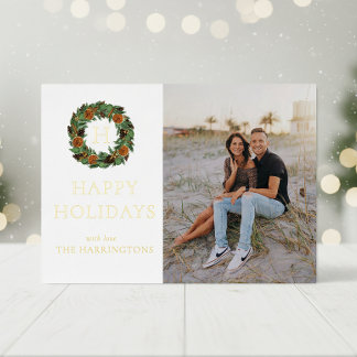 Simple One Photo Monogram Wreath Gold Foil Holiday Card