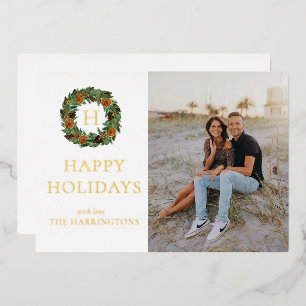 Simple One Photo Monogram Wreath Gold Foil Holiday Card
