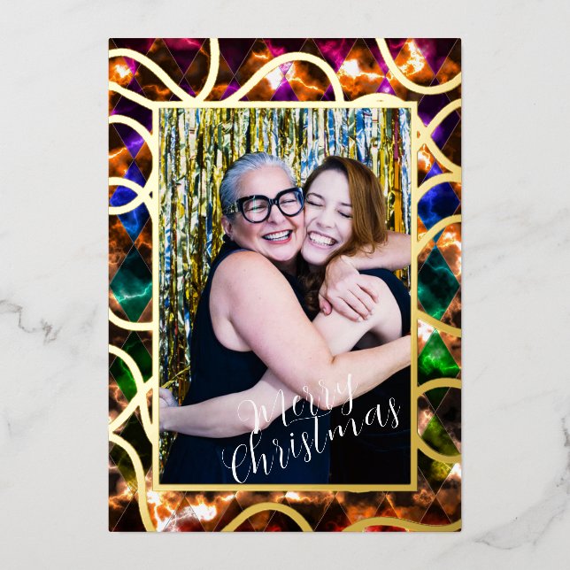 Simple One Photo Multicolor Foil Holiday Card (Front)