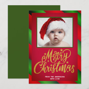 Simple One Photo On Red And Green Stripe Christmas Holiday Card