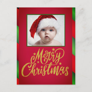 Simple One Photo Red And Green Stripe Christmas Holiday Postcard