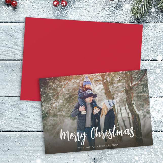 Simple One Photo Red Script Typography Holiday Card (Creator Uploaded)