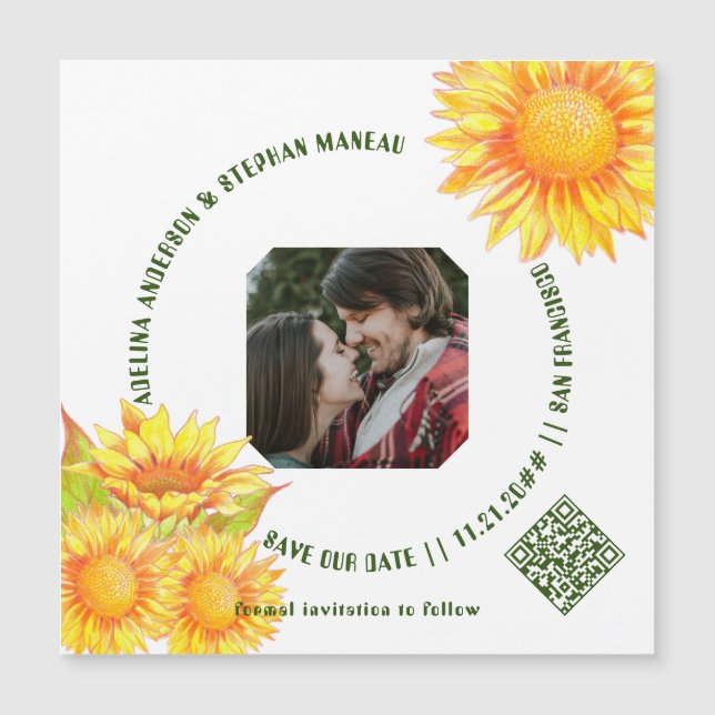 Simple One Photo Rustic Sunflower QR CODE Website Magnetic Invitation (Front)