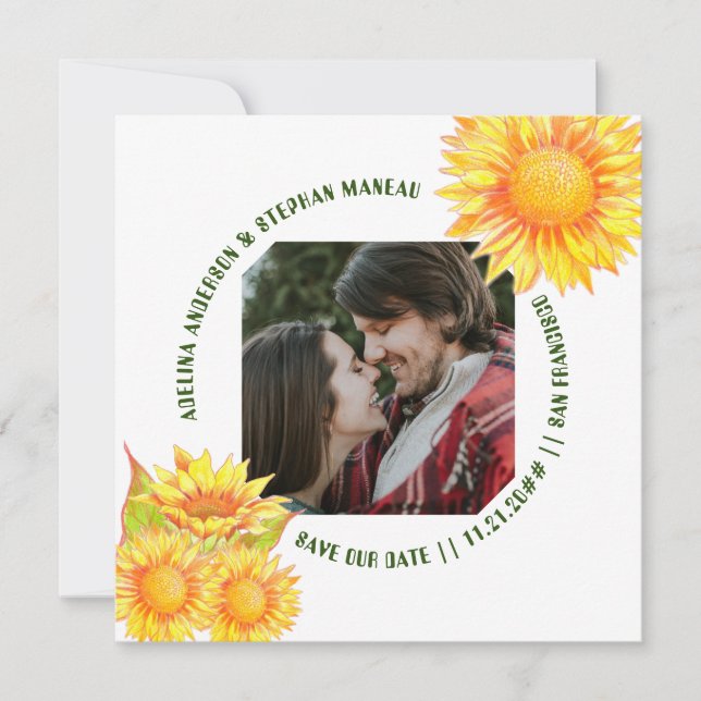 Simple One Photo Rustic Sunflower QR CODE Website Save The Date (Front)