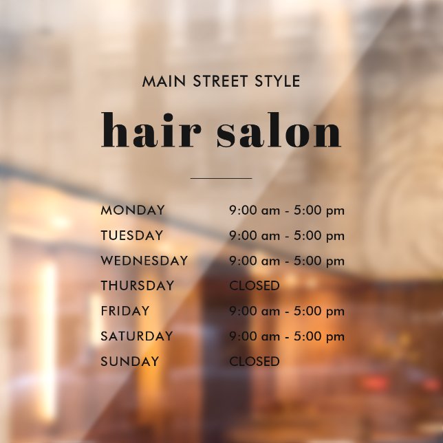 Simple Opening Hours Hair Salon Business Window Cling (Sheet 2)