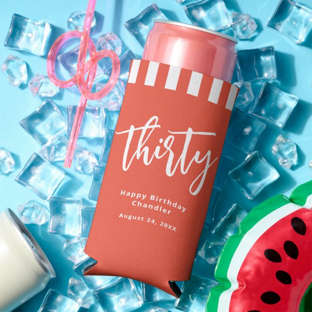 Simple Orange and White 30th Birthday Party Seltzer Can Cooler (In Situ Summer)