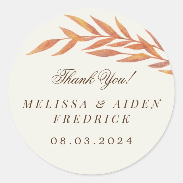 Simple Orange Branch Autumn Wedding Favour Classic Round Sticker (Front)