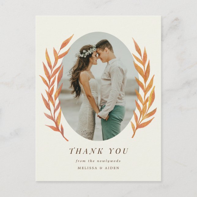 Simple Orange Branch Wedding Photo Thank You Postcard (Front)