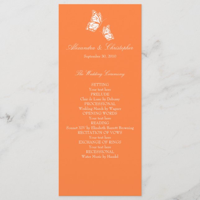 Simple Orange Butterflies Wedding Program Programme (Front)