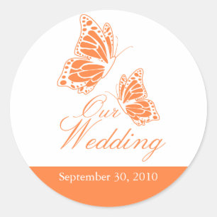 Simple Orange Butterfly Wedding Announcement Classic Round Sticker