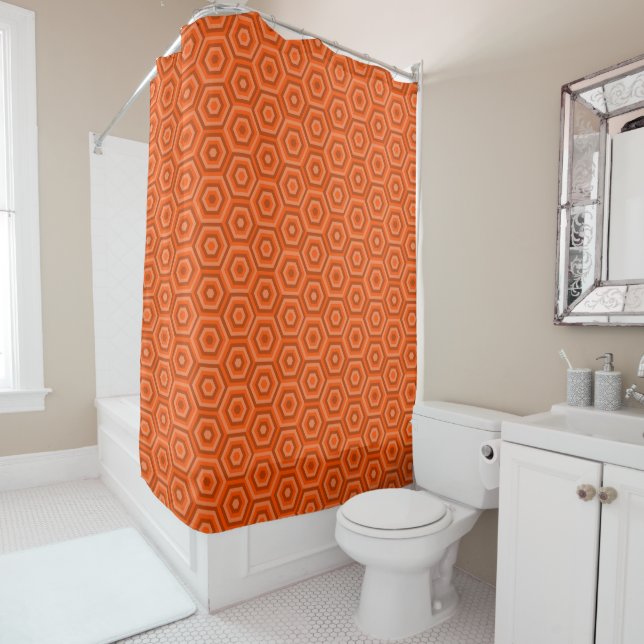 Simple Orange Geometric Hexagonal Patterned Shower Curtain (In Situ)
