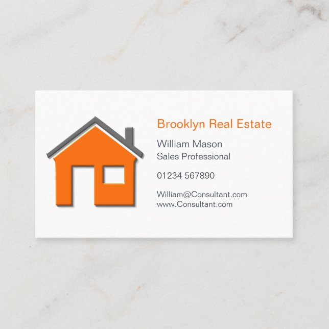 Simple Orange & Grey Home Icon Real Estate Agent C Business Card (Front)