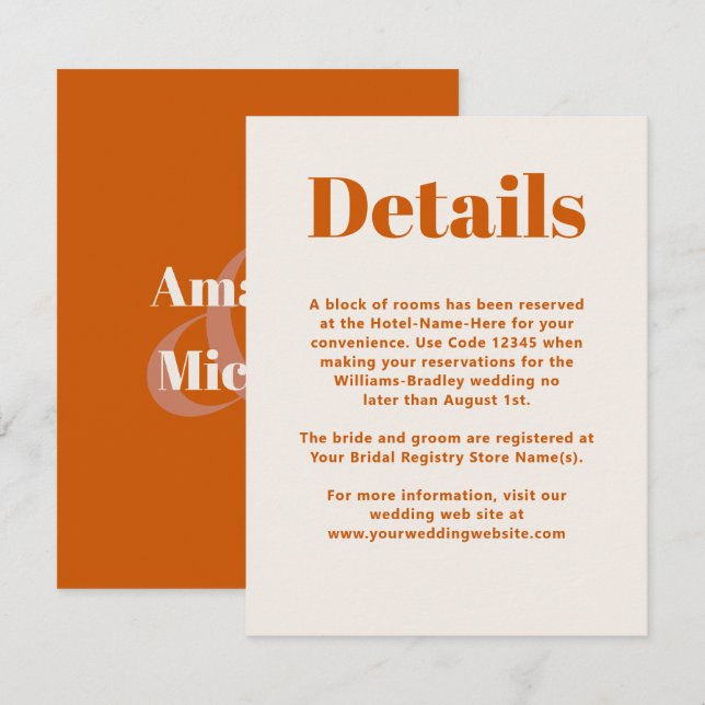 Simple Orange Modern Minimalist Wedding Details Enclosure Card (Front/Back)