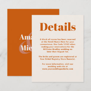 Simple Orange Modern Minimalist Wedding Details Enclosure Card