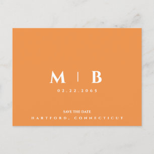 Simple Orange Monogram Wedding Save the Date Postcard