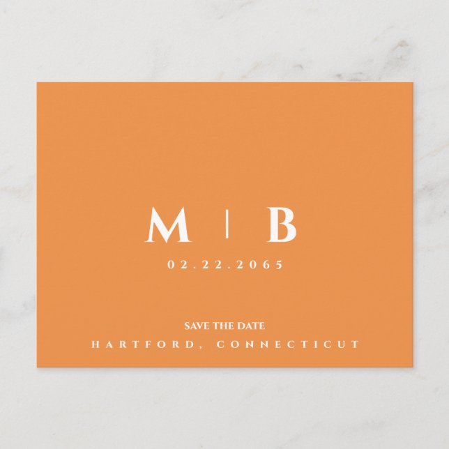Simple Orange Monogram Wedding Save the Date  Postcard (Front)