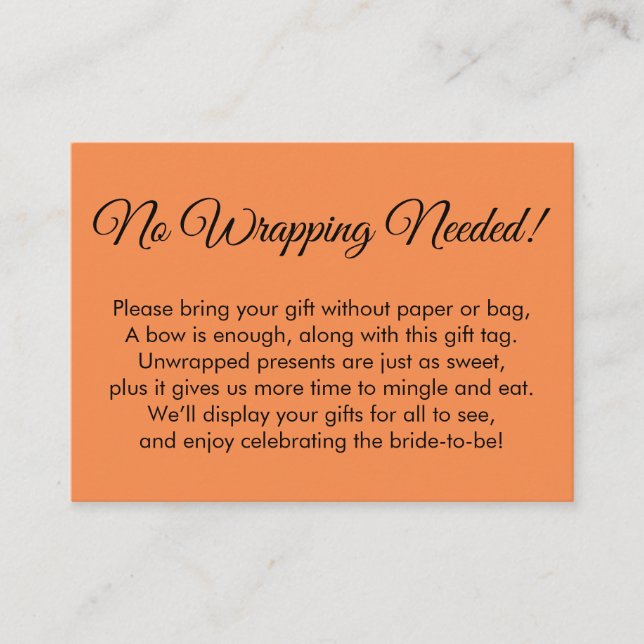 Simple Orange "No Wrapping Needed" Bridal Shower Enclosure Card (Front)