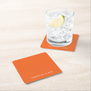 Simple Orange Personalised Modern Wedding Square Paper Coaster