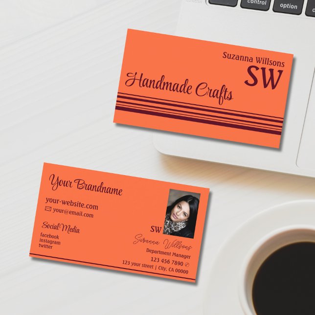 Simple Orange Red Decor Stripes Monogram and Photo Business Card (Creator Uploaded)
