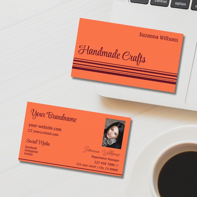 Simple Orange Red Decor Stripes with Photo Classic Business Card (Creator Uploaded)