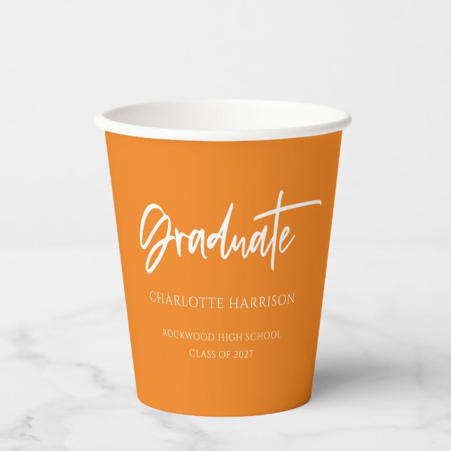 Simple Orange White Custom Graduation Party Paper Cups (Front)