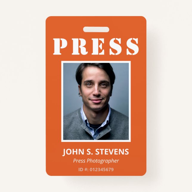 Simple Orange White Photo Press ID ID Badge (Front)