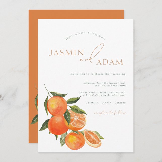 Simple Oranges Mediterranean Citrus Wedding Invitation (Front/Back)