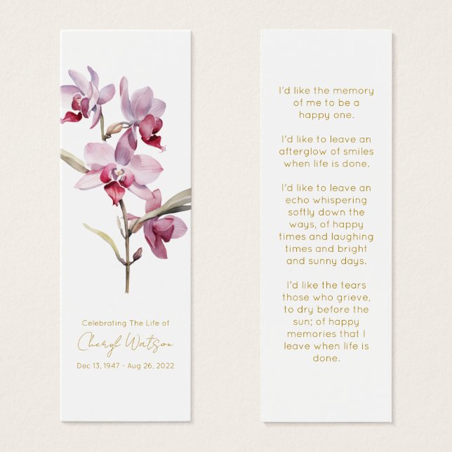 Simple Orchid Funeral Memorial Bookmark (Front & Back)
