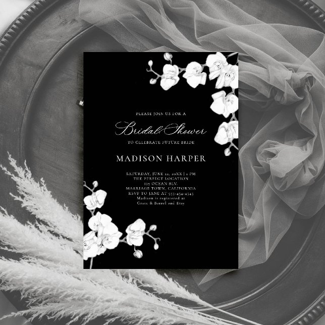 Simple Orchids Black White Elegant 2 Bridal Shower Invitation (orchids bridal shower invitation black white art floral sketch modern classic formal elegant classic)