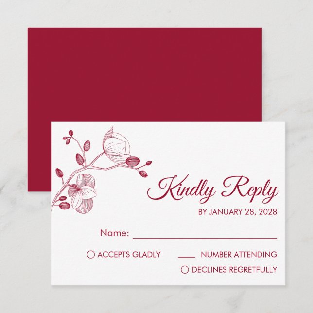 Simple orchids red modern floral elegant RSVP card (Front/Back)