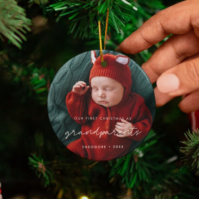 Simple Our First Christmas as Grandparents Photo Ceramic Tree Decoration (Creator Uploaded)
