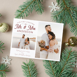 Simple Our First Christmas Mr. and Mrs. Two Photo Announcement Postcard