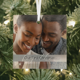 Simple Our First Christmas Photo Glass Tree Decoration