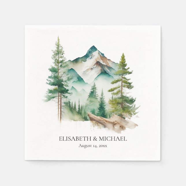 Simple Outdoor Mountain and Pine Trees Wedding Napkin (Front)