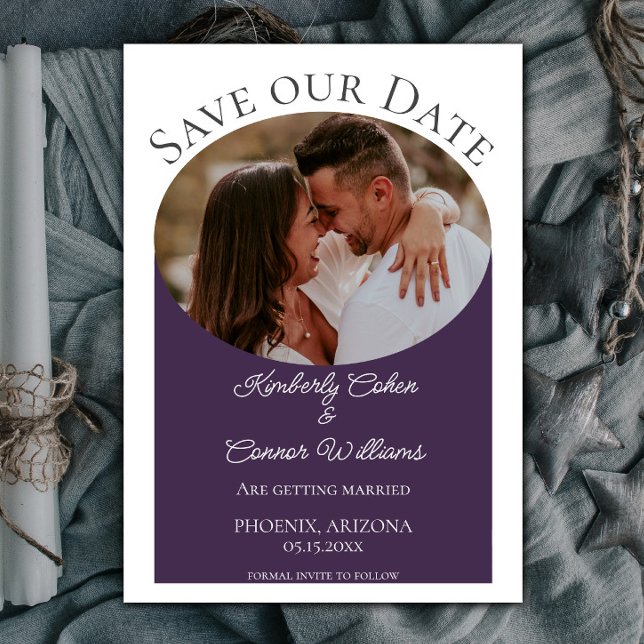 Simple Oval Photo Save the Date | Purple (Purple Simple Oval Photo Save the Date)