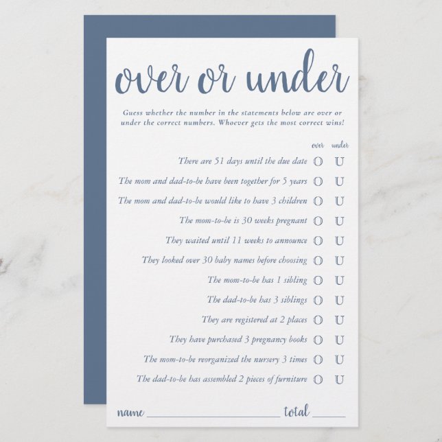 Simple Over or Under | Dusty Blue Game Card (Front/Back)