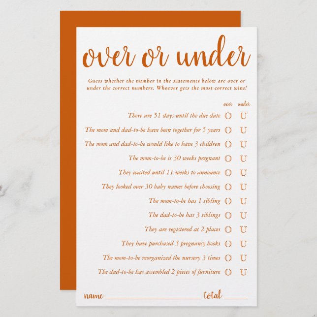 Simple Over or Under | Fall Orange Game Card (Front/Back)
