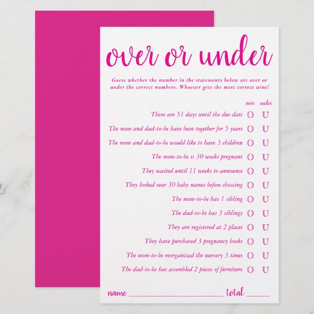 Simple Over or Under | Hot Pink Game Card (Front/Back)
