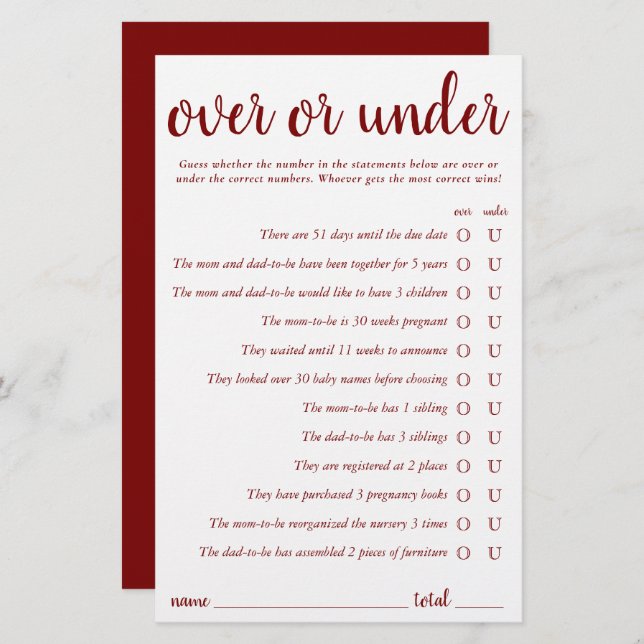 Simple Over or Under | Red Shower Game Card (Front/Back)
