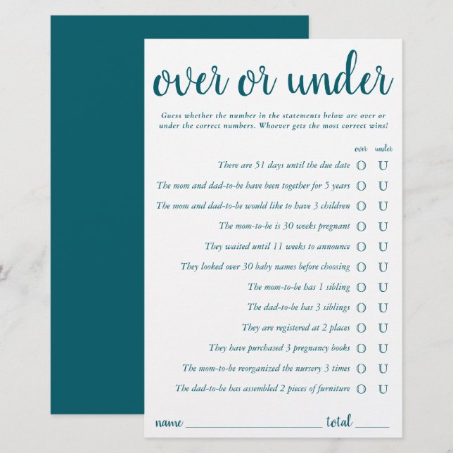 Simple Over or Under | TEal Aqua Game Card (Front/Back)