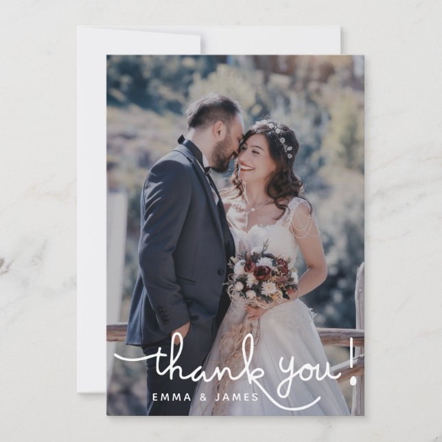 Simple Overlay Text Hand Lettering Wedding Photo Thank You Card (Front)