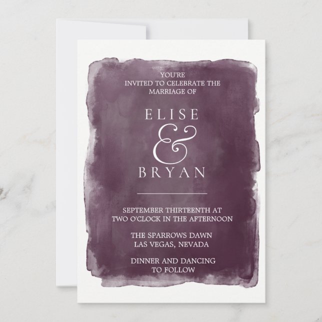 Simple Paint Splash Purple Plum Watercolor Wedding Invitation (Front)