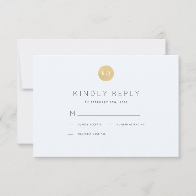 Simple Pale Blue Gold Monogram Wedding RSVP Card (Front)