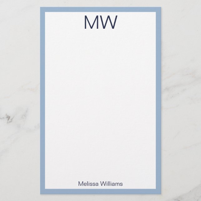 Simple Pale Blue & White Monogrammed Personal Stationery (Front)