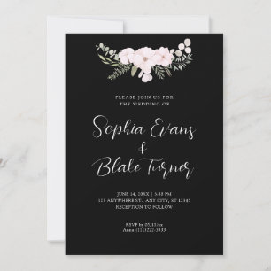 Simple Pale Pink and Green Floral Black Wedding Invitation