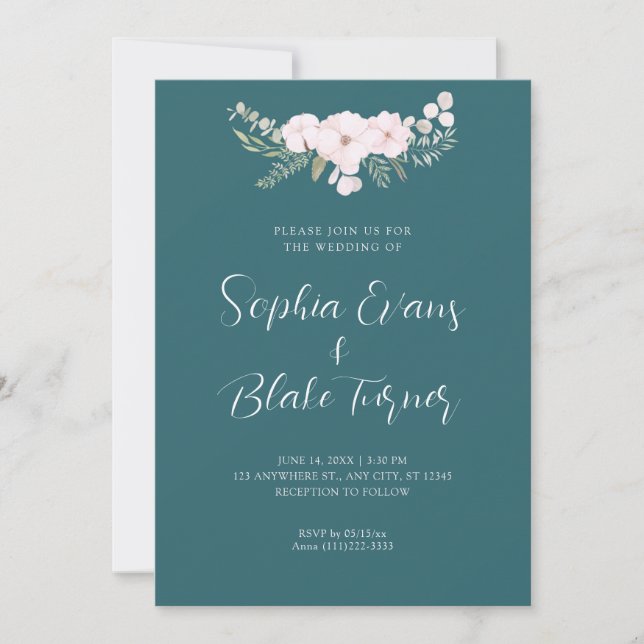 Simple Pale Pink and Green Floral Green Wedding Invitation (Front)