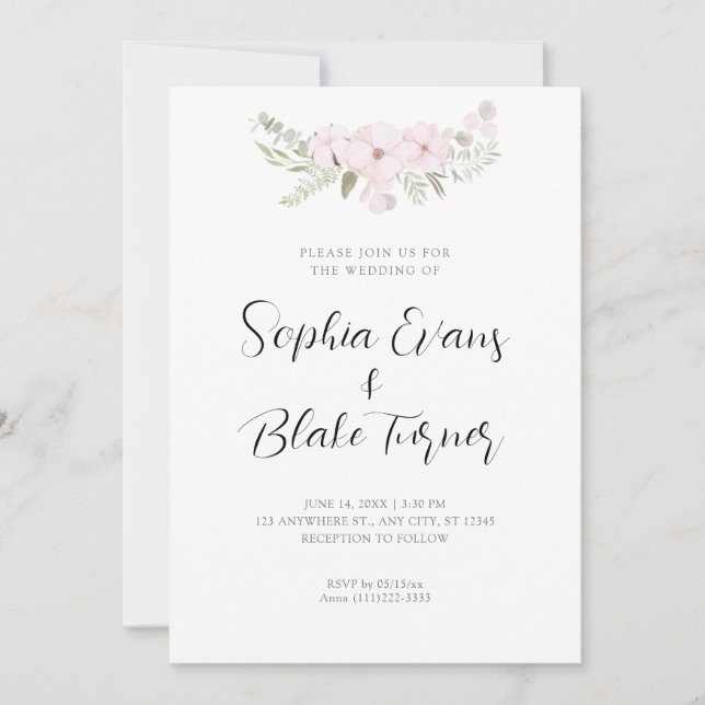 Simple Pale Pink and Green Floral White Wedding Invitation (Front)