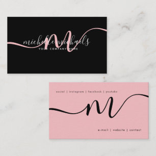 Simple Pale Pink Minimal Monogram Script Black Business Card