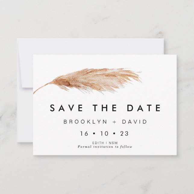 Simple Pampas Grass Wedding Save The Date Card (Front)