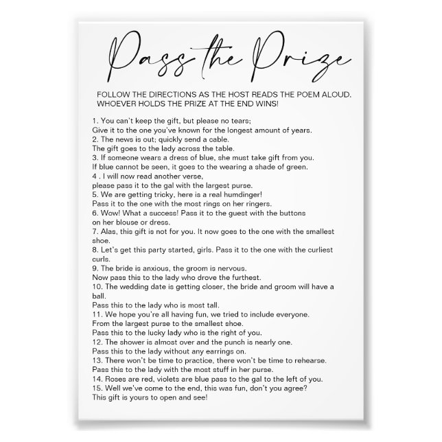 Simple Pass the Prize Bridal Shower Game Photo Print (Front)
